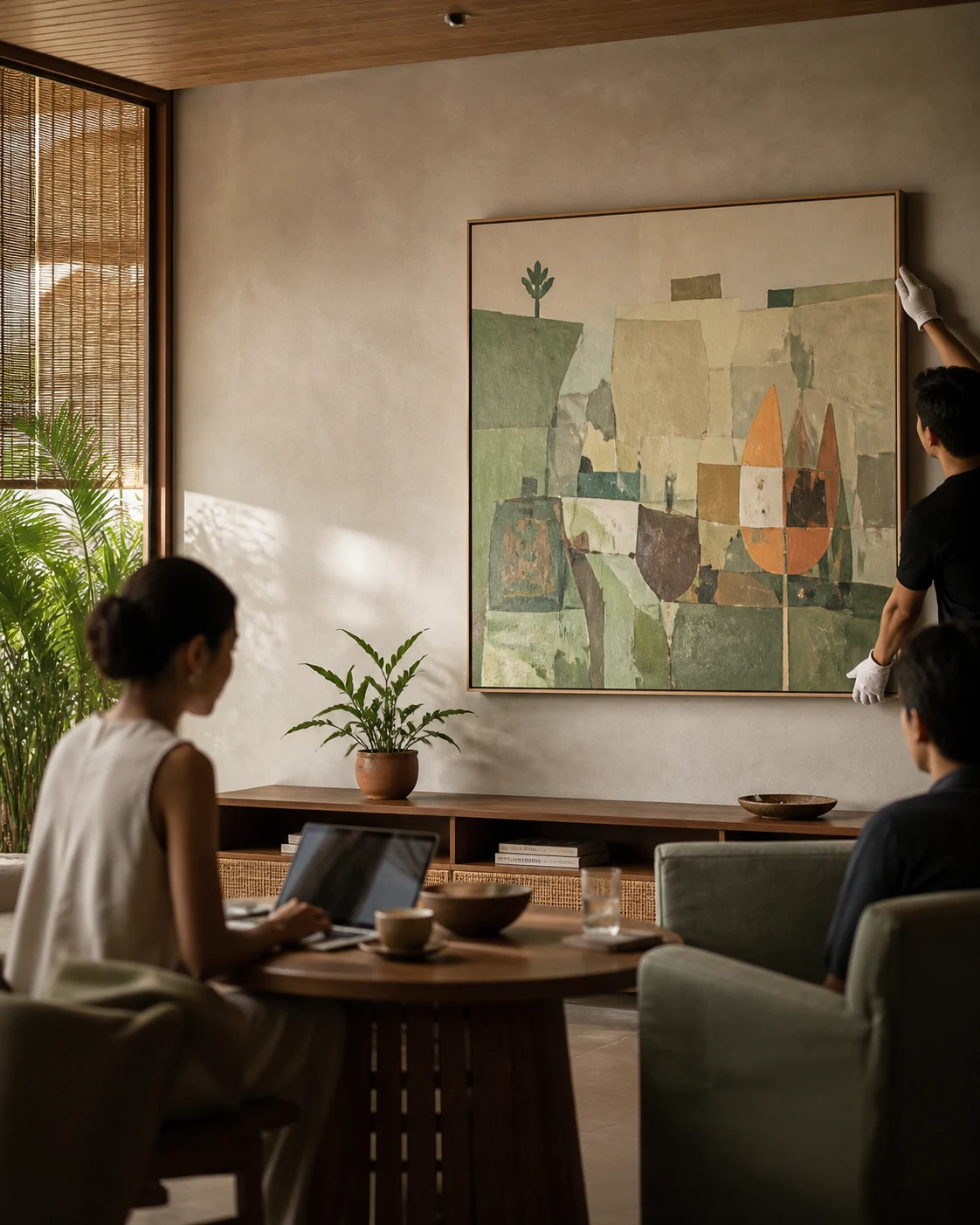 Nhân viên lắp đặt treo một bức tranh lớn trong không gian làm việc của doanh nghiệp