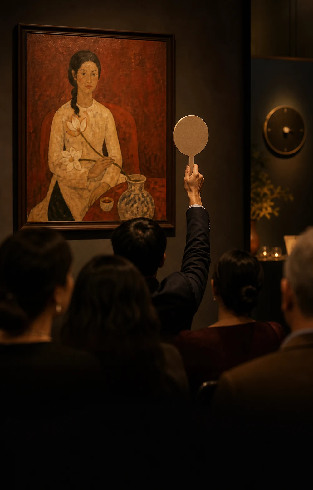 Người tham gia giơ biển đấu giá trước bức tranh chân dung treo trên tường